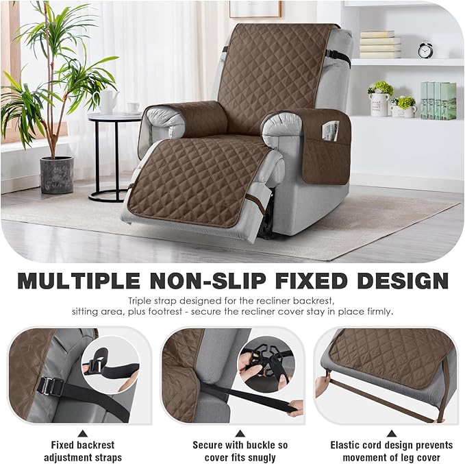 TAOCOCO 100% Waterproof Recliner Chair Cover Non-Slip Reclining Cover for Recliner Chair Washable Chair Seat Cover with Elastic Straps for Pets Sofa Slipcover with Pocket (Oversized 28'', Brown)