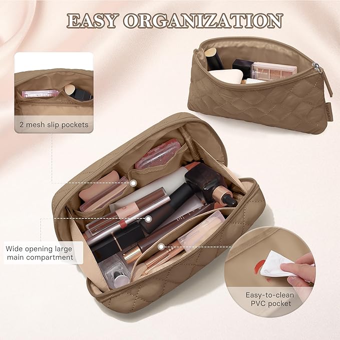 TOPEAST Christmas Gifts for Women Girls - 2Pcs Makeup Bag Small Cosmetic Travel Bag Purse, Waterproof Puffy Toiletry Organizer, Portable Open Flat Make Up Pouch, Brown