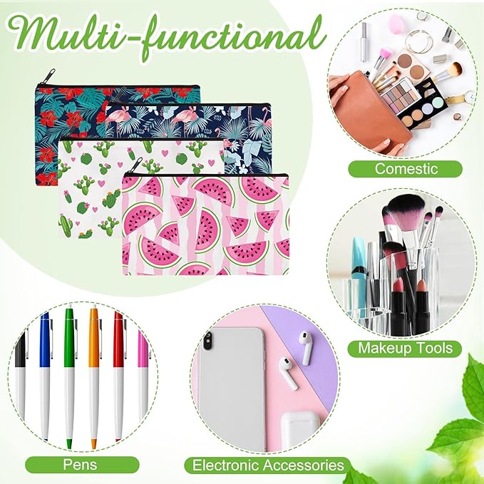 Reginary 20 Pieces Cosmetic Bags Bulk for Women Flamingo Watermelon Cactus Roomy Makeup Bags Gifts with Zipper Summer Beach Toiletry Bag Pouch Travel Accessory Organizer Gifts, 7 x 4.3 Inches