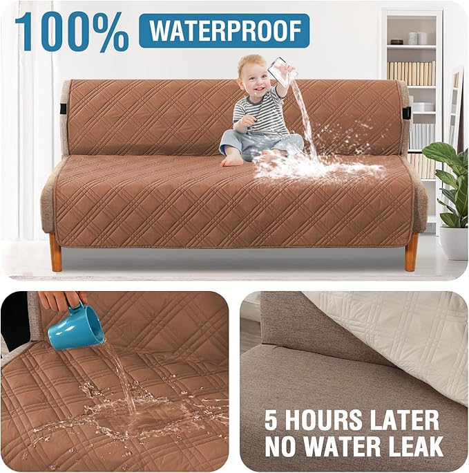 H.VERSAILTEX 100% Waterproof Futon Cover Reversible Futon Slipcover Armless Sofa Slipcover Furniture Protector Seat Width Up to 70" Washable with Adjustable Elastic Strap Anti-Slip, Terracotta/Beige