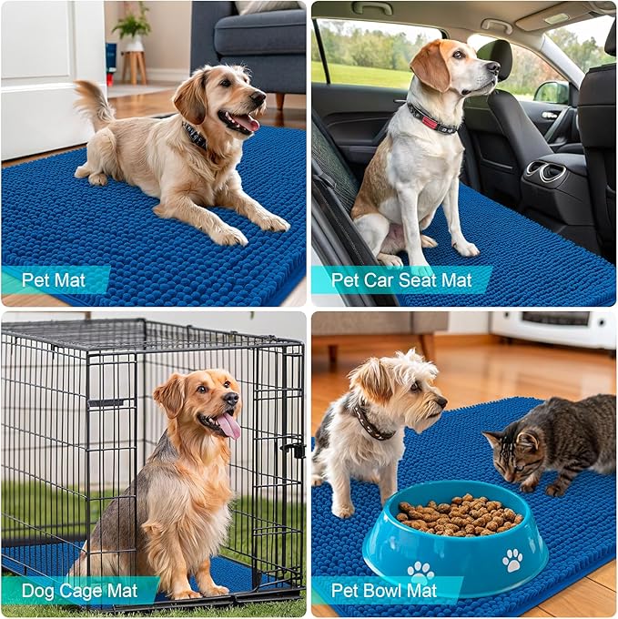 OLANLY Dog Door Mat for Muddy Paws 47x24, Absorbs Moisture and Dirt, Absorbent Non-Slip Washable Doormat, Quick Dry Chenille Mud Mat, Entry Indoor Entryway Carpet for Inside Floor, Deep Navy Blue