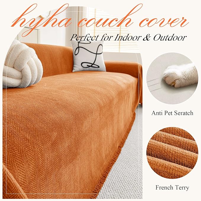hyha Couch Cover for Dogs, Boho Sofa Covers for 3 Cushion Couch Washable, Chenille Sofa Slipcover for Pets, Soft Loveseat Sectional Couch Throw Blankets with Tassels (Orange, 71x91 Inch)