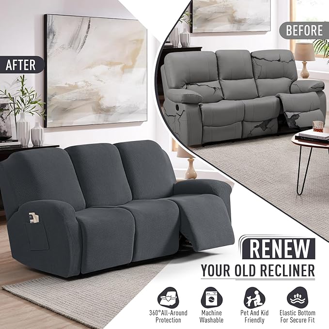 TAOCOCO Recliner Sofa Covers 8-Pieces Stretch Large Couch Covers for 3 Seats Reclining Slipcovers Soft Jacquard Pattern Furniture Protector (Charcoal Grey)