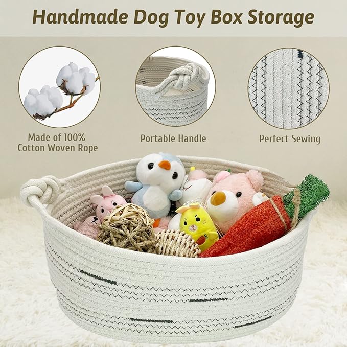 Fhiny Cotton Rope Dog Toy Basket with Handle Puppy Toys Storage Bin Small Woven Rectangle Diapers Pet Kitty Bed Perfect for Carry Pet Chew Toys Blankets Leashes Doggie Stuff - Beige S