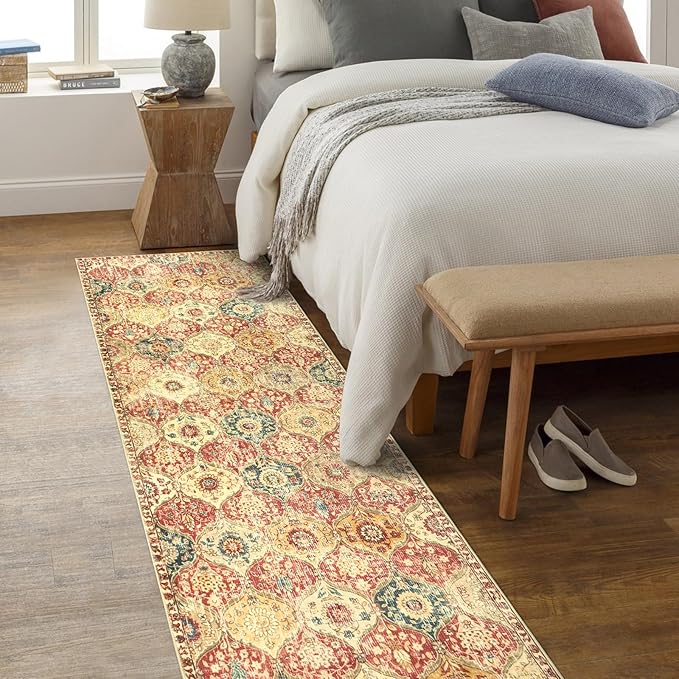 Lahome Moroccan Hallway Rug, 2'5''x8' Kitchen Runner Rugs Non Skid Washable Runners for Hallways, Ultra-Thin Oriental Carpet for Entryway Laundry Room Bedroom Bathroom Elise, Red/Orange
