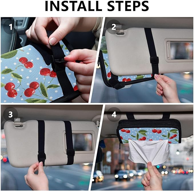 Car Tissue Holder Car Napkin Holder Car Tissue Box Dispenser Storage Case Sun Visor Mask Holder with Adjustable Straps Reusable Refillable Light Blue Dots Red Cherry
