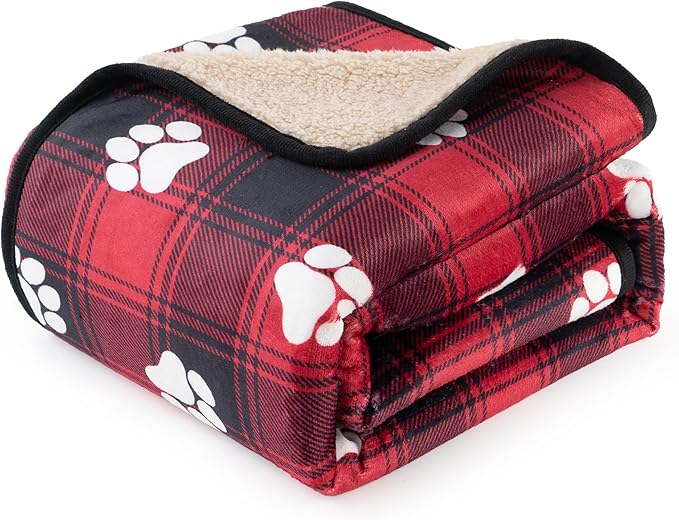 CAPT.SNOOZE Waterproof Dog Blankets Pet Blanket 60"x80", Soft Fluffy Sofa Car Bed Protector, Reversible Sherpa Fleece Dog Blanket for Large Dogs Christmas Decor(Paw Red)