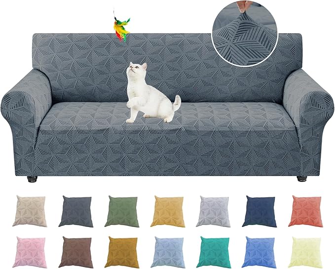 YEMYHOM 1 Piece Stretch Couch Covers for 3 Cushion Couch, Jacquard Sofa Cover with Non-Slip Elastic Bottom, Thickened Slipcover Furniture Protector for Dogs Pets (Large, Dark Gray）