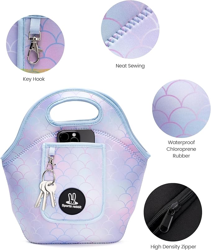 Sports rabbit Neoprene Insulated Lunch Bag for Women - Front Pocket for Phone&Keys - Reusable, Foldable, Lightweight, Waterproof, Easy to Store & Clean - Ideal for Work, Travel & Picnics (mermaid)