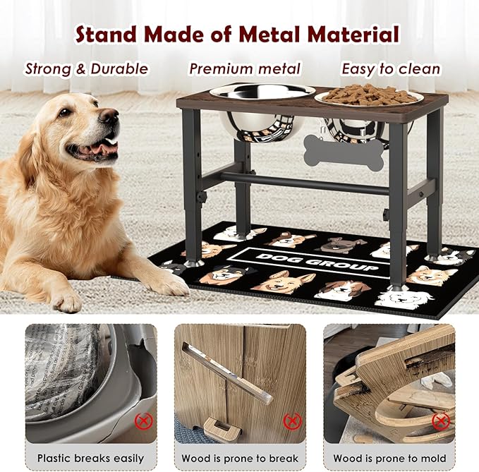 SHAINFUN Elevated Dog Bowls with Slow Feeder & Mat for Medium and Large Dogs, 16" Tall Adjustable Wooden & Metal Raised Dog Bowl Stand, 2 Stainless Steel 58oz Bowls for Food & Water
