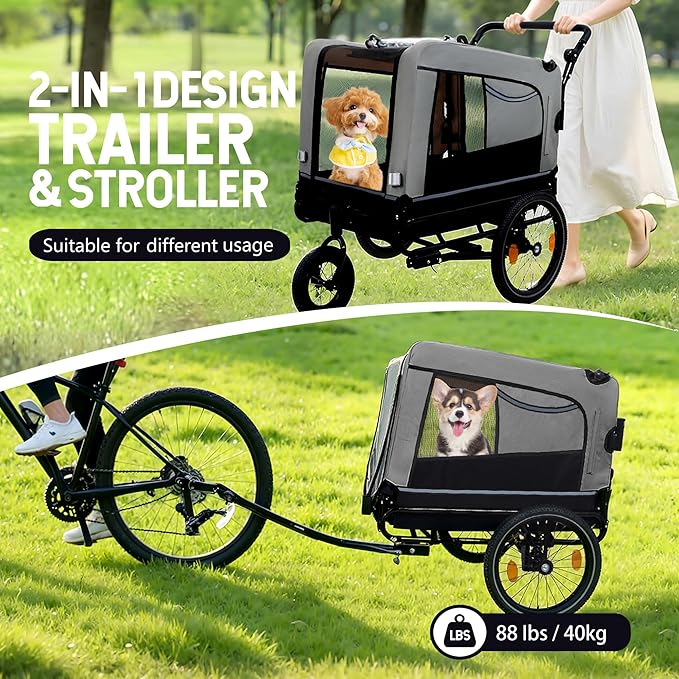 Extra Large 2-in-1 Bike Trailer & Push Cart for Pets - Detachable Bike Hitch & Push Handle Included - All-Terrain Wheels Quick Release, Non-Slip Floor, Internal Leash, Up to 88 lbs