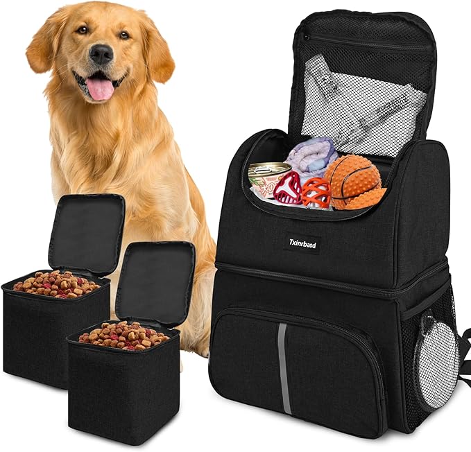Txinrbaod Dog Travel Bag for Supplies with Food Container Bag Dog Travel Backpack for Hiking Overnight Camping Trip Black