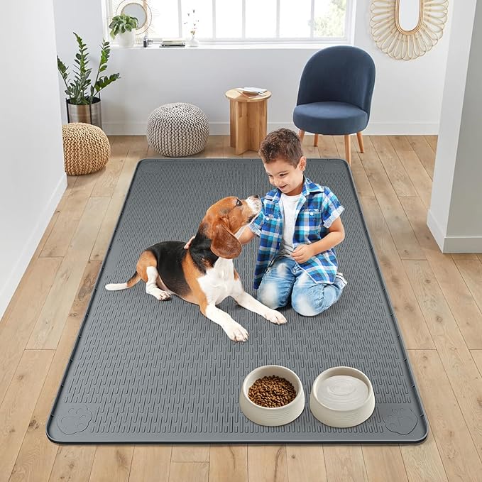 Dog Food Mat, Extra Large 50" x 35" Silicone Pet Feeding Mat with Raised Edge Pet Placemat for Small, Medium, and Large Pets Non-Slip, Easy to Clean (Dark Grey)