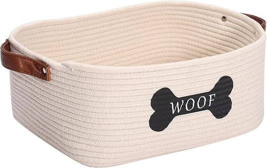 Cotton Rope Dog Toy Storage Basket Medium, Dog Toy bin with Handle,Dog Stuff Organizer - Perfect for organizing pet Toys, Blankets, leashes, Pee mats and Diapers,Nursery Decor Basket-Beige