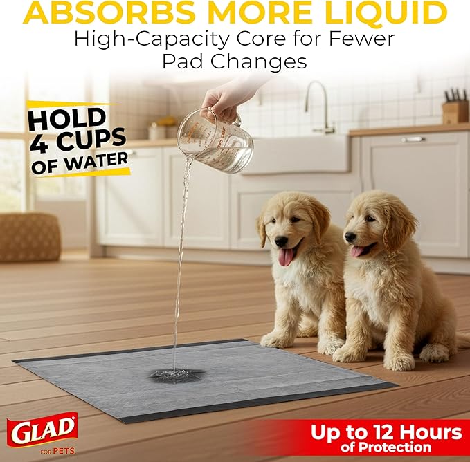 Glad for Pets Black Charcoal Puppy Pads - Super Absorbent Disposable Dog Pee Pads, Potty Training Pads, and Pet Supplies - Dog Pee Pads for Crate Training and Indoor Use 23" x 23" - 30 Count