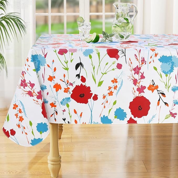 misaya Rectangle Waterproof Vinyl Table Cloth, Wipeable Tablecloth with Flannel Backing, Plastic Table Cover for Dinner, Picnic, Indoor and Outdoor (Flowers, 60" x 102")