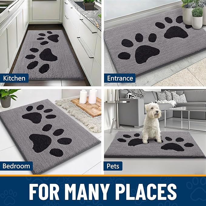 Smiry Dog Door Mat for Muddy Paws, Absorbs Moisture and Dirt, Low-Profile Entryway Mat with Non-Slip Backing, Entry Indoor Outdoor Doormat for Inside Floor (30x20 Inches, Grey, Paw)