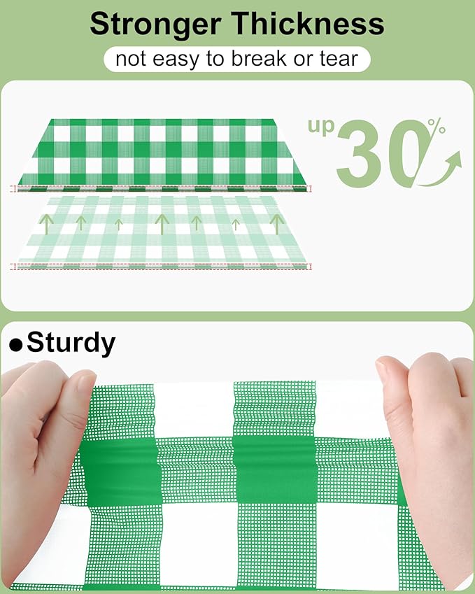 Smiry 12 Packs Gingham Disposable Table Cloth, 54 x 108 Inch Waterproof Plastic Tablecloth, Rectangle Green and White Checkered Table Covers for Picnic, Birthday, Party