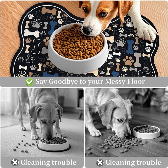 Dog & Cat Food Mat Bone Shaped Pet Feeding Mat Quick Absorb Water Bowl Placemat with Rubber Backing Indoor Floor Stain Resistant Pet Accessory Supplies (Black, 12x24 Inches)
