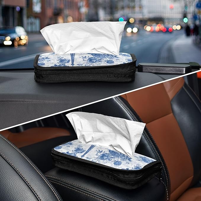 Car Tissue Holder Car Napkin Holder Car Tissue Box Dispenser Storage Case Sun Visor Mask Holder with Adjustable Straps Reusable Refillable Blue Roses and Eiffel Tower