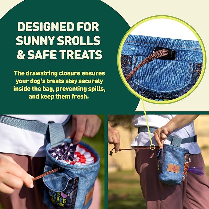INSPECTOR TAIL Dog Treat Pouch w Drawstring to Prevent Spills | 2 Cup Tote | Hands Free w 4 Ways to Wear Puppy Bag w Pockets for Snacks Poop Bags Keys & Cards | Pet Training Walking & Rewarding Holder