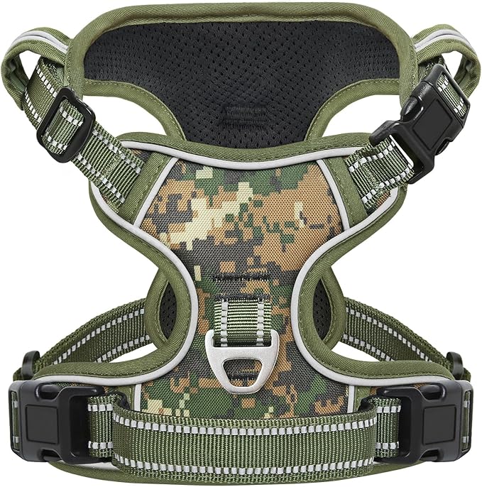 Timos Dog Harness Large Sized,No Pull Dog Harness Adjustable Metal Rings 3 Buckles,Reflective No Choke with Easy Control Handle for Large Dogs,Military Green XL