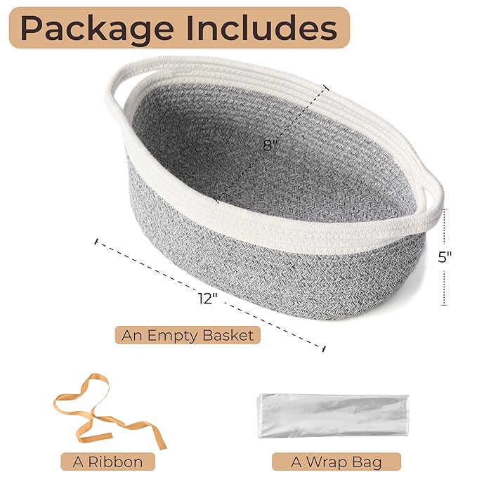 Small Woven Gift Basket Empty with Bag & Ribbon - Gifts for Mom, Baby Shower, Birthdays & Raffle - Cotton Rope Storage Basket for Dog Toys or Shelf - 12"x8"x5", White & Gray
