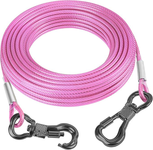 Tresbro 30FT Reflective Tie Out Cable for Dogs Up to 250 Pounds, Steel Wire Lead Leash Cable with Stainless Rotatable Buckle, Lightweight and Enduring, Dog Chains Outside for Outdoor, Yard, Pink