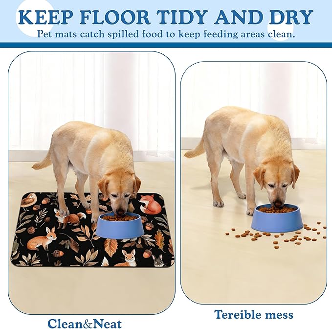 Wild Forest Animals Pet Feeding Mat–Christmas Stocking Quick Dry Absorbent Dog Cat Food Mat, Non Slip Waterproof Bowl Placemat for Messy Eaters, Pet Accessories for Floors 16"x24"