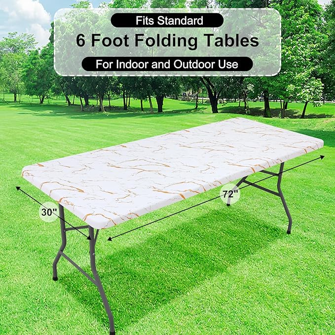 misaya Rectangle Vinyl Flannel Backed Tablecloth, Elastic Waterproof Fitted Table Cover, Plastic Table Cloth Fit 6 Foot Folding Tables for Picnic, Camping, Outdoor (White Gold Marble, 30x72 inch)