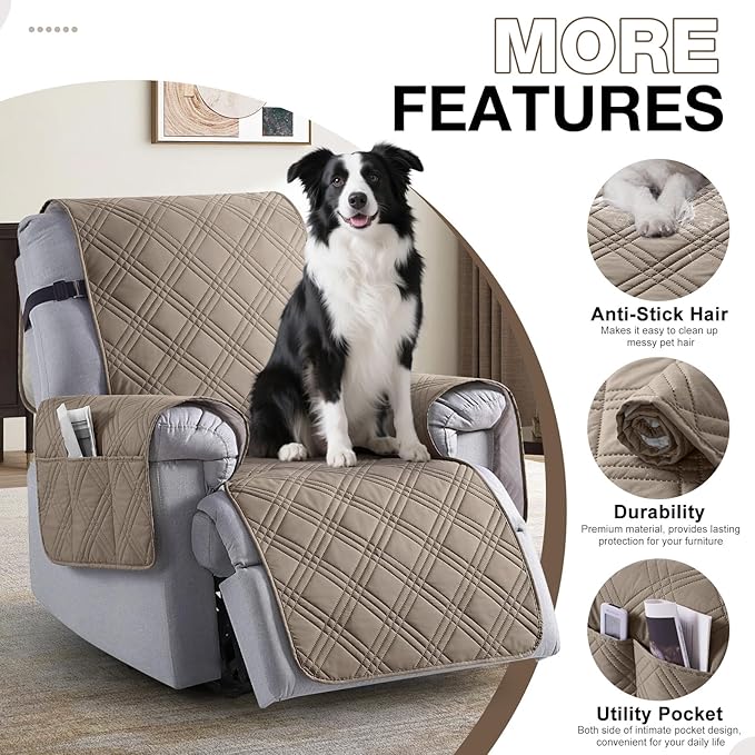 TAOCOCO 100% Waterproof Recliner Chair Cover Stay in Place, Recliner Covers for Small Recliner Chair with Pocket, Reclining Chair Cover Furniture Protector for Kids, Pets(20'', Gray Taupe)