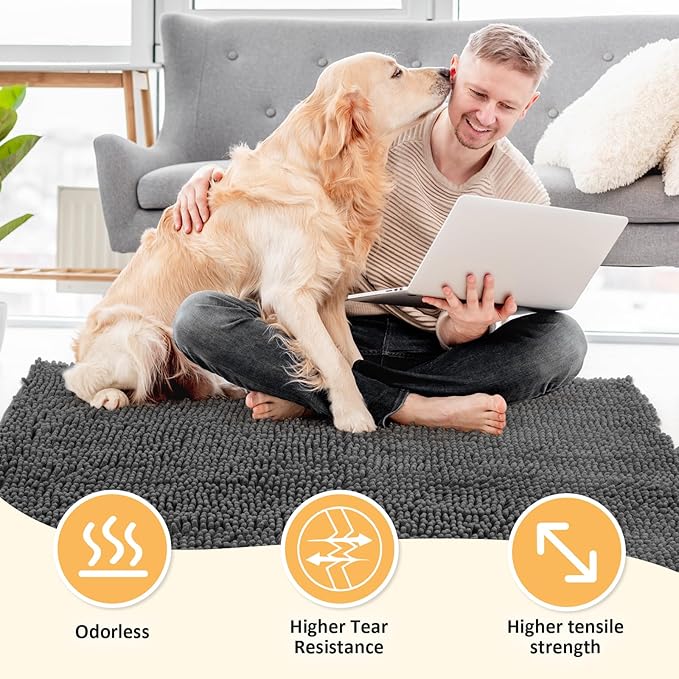 Absorbent Dog Door Mat for Muddy Paws, 60" x 48" Chenille Indoor Mats for Entryway, Trap Dirt Front Door Mat Indoor Entrance Washable Non Slip Soft Dark Grey