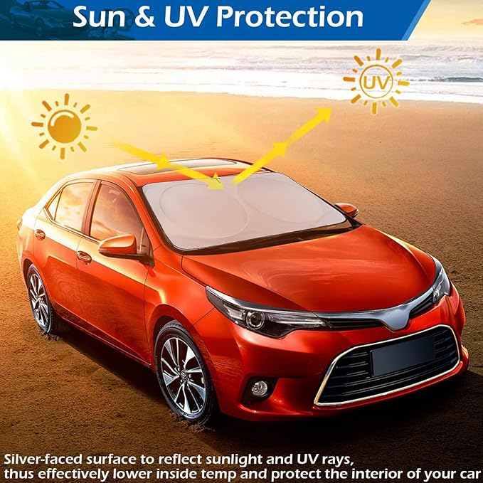IC ICLOVER Car Windshield Sun Shade, 210T Material Foldable Front Window Sun Visor Protector, Blocks Heat and UV Rays Sun Protection Shield, Keep Your Car Cool, Fits Vans, MPV, Large Vehicles (Large)