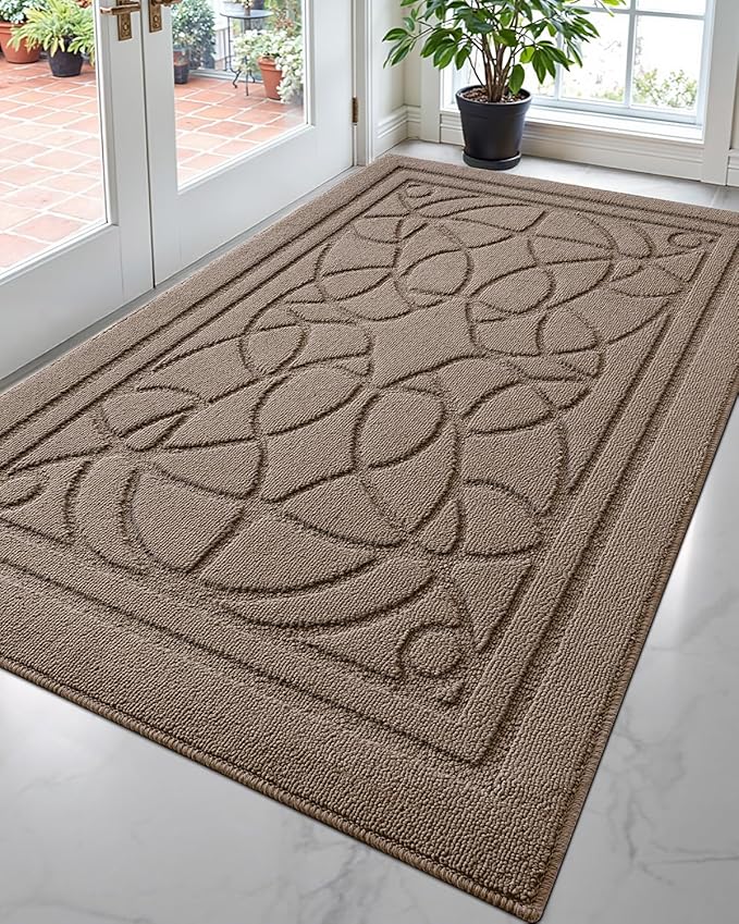 DEXI Front Entryway Door Mat Non Slip 36x60, Washable Inside Entry Way Mats Low Profile Entrance, Welcome Dirt Trapper Doormat Thin for House Floor Home Porter Hall Backdoor Area, Beige