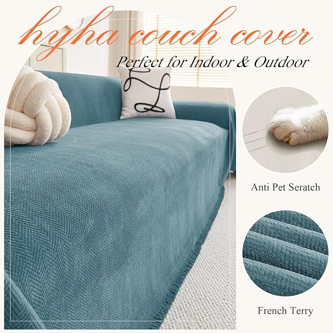 hyha Couch Cover for Dogs, Boho Sofa Covers for 3 Cushion Couch Washable, Chenille Sofa Slipcover for Pets, Soft Loveseat Sectional Couch Throw Blankets with Tassels (Blue, 71x150 Inch)