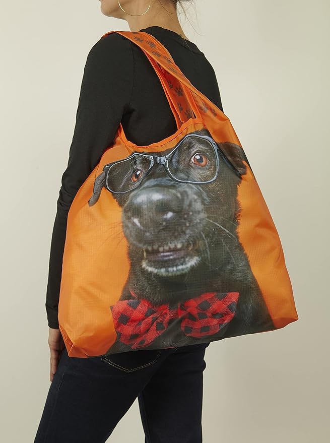 O-WITZ Reusable Grocery Bags | Vibrant Tote Bag For Groceries, Gym, Beach Gear, Toys & More | Washable Design With Large Handles For Maximum Convenience | Folds Into A Small Pouch, 5 Pack, Dogs