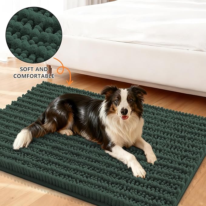 Smiry Dog Door Mat for Muddy Paws 36x24, Extra Soft Absorbent Chenille Doormat, Trap Moisture and Dirt, Non-Slip Machine Washable Front Door Mat for Indoor Entrance Inside Floor, Green