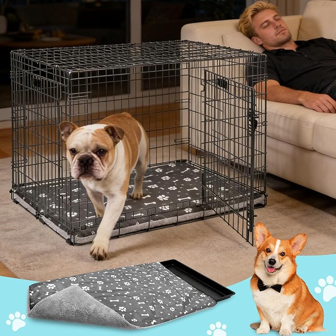 41.7 * 27.9inch Dog Crate Pan Covers Washable Dog Crate Tray Cover Waterproof Oxford Cloth/Soft Flannel Side Fit Bed Liner for Pet Cage Pan
