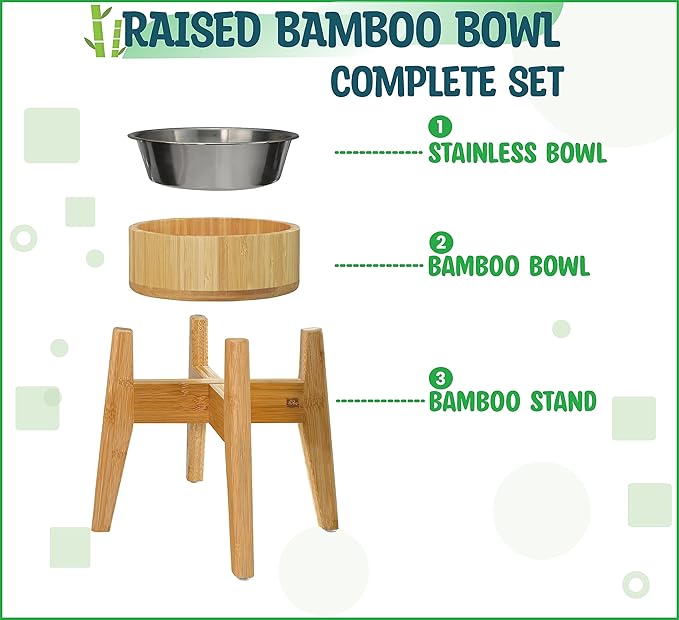 Elevated Dog Bowls for Large Breed - (15-Inch High) Raised Bamboo Holder with Stainless Dish - Suitable for Dry and Wet Pet Food - Tall Stand, Deter Ants/Bugs