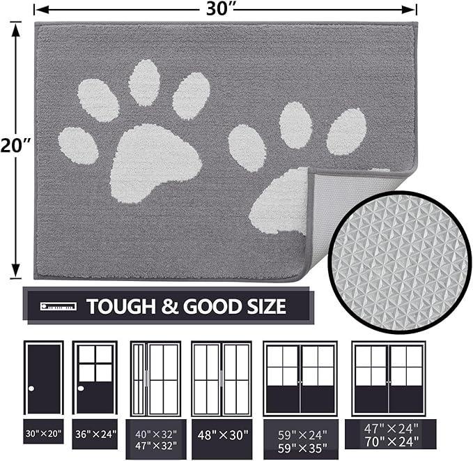 Buganda Dog Door Mat for Muddy Paws, Absorbent Dirt Trapper Washable Indoor Doormats, Non Slip Low-Profile Mud Mat for Dogs, Front Entrance Doormat for Inside Floor (30x20 Inches, Light Grey)