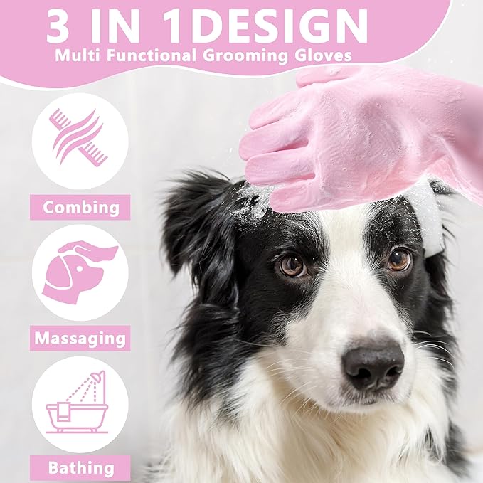 Maiiu Pet Grooming Gloves—Heat Resistant Dog Washing Gloves with High-Density Teeth, Dog Bath Scrubber with Enhanced Five Finger Design, Silicone Gloves for Dogs and Cats Bathing, Massage (Pink)