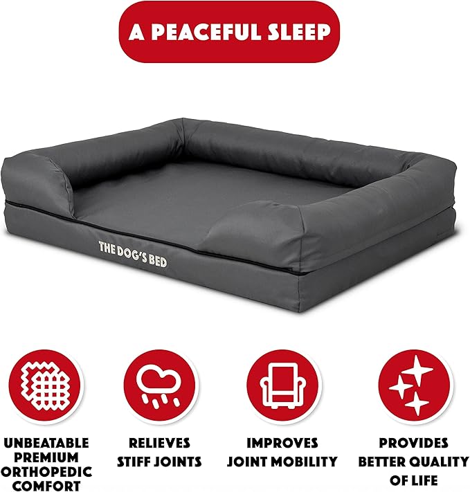 The Dog’s Bed Medium Oxford Grey, Memory Foam, Pain Relief: Arthritis, Hip & Elbow Dysplasia, Post Surgery, Lameness, Supportive, Calming, Waterproof Washable Cover