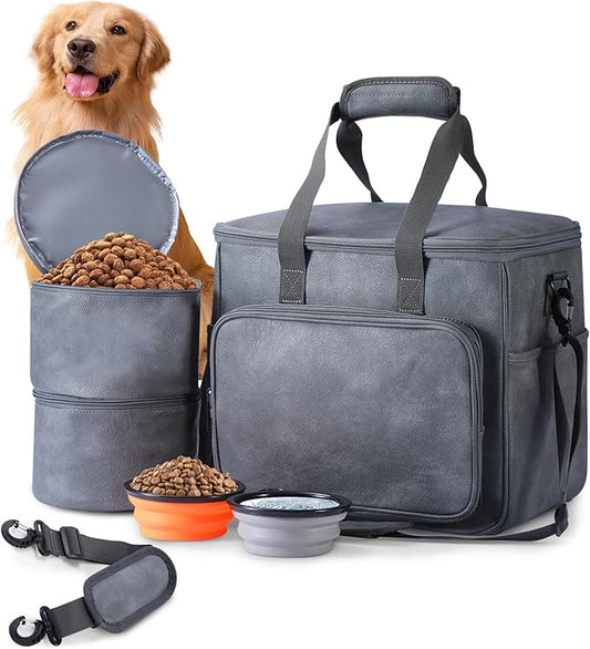 Lasaviin Dog Travel Bag, Leather Travel Pet Bag Set for Dog and Cat, Airline Approved Tote Organizer with Multi-Function Pockets, 2 Food Storage Containers, 2 Collapsible Bowls