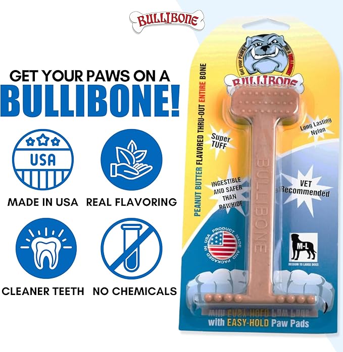Bullibone Nylon Dog Chew Toy Nylon Bone - Improves Dental Hygiene, Easy to Grip Bottom, and Permeated with Flavor (Peanut Butter, XL - 3 Pack)