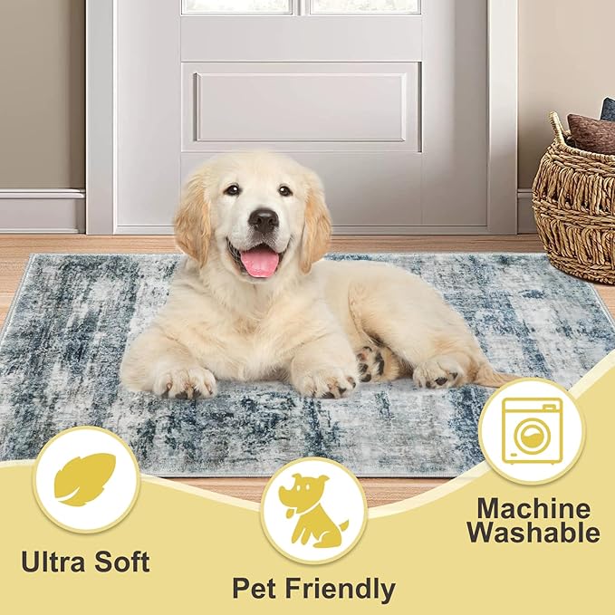COMSLE Door Mat, Front Door Rug Indoor for Entrance Faux Wool Absorbent Non Slip Modern Throw Rug for Entryway Hallway Muddy Paws - Pet Friendly, 24x36 Inches, Green/Worn Blue Machine Washable