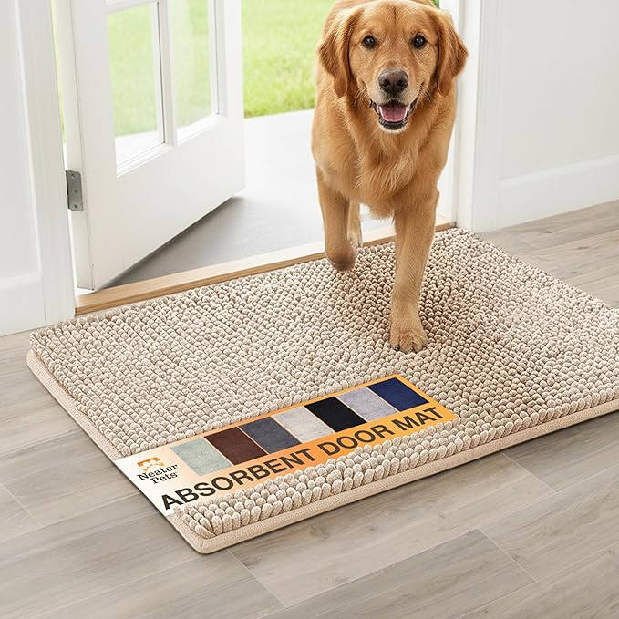 Neater Pets Chenille Dog Door Mat 24” x 17” – Super Absorbent & Quick-Dry Muddy Paws Doormat for Trapping Dirt, Water, Mud - Non-Slip & Machine Washable Pet Rugs for Entryway, Indoor Mud Mats, Beige
