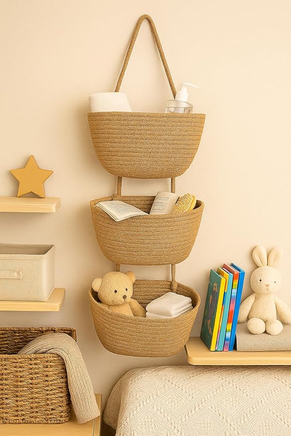 Japanese Handmade Cotton Rope Hanging Basket Organizer – 3 Tier Wall boho Storage Organizer for Toys , Snacks & Décor – Eco-Friendly Coiled Weaving Craft, Housewarming & Shower Gift (brown)