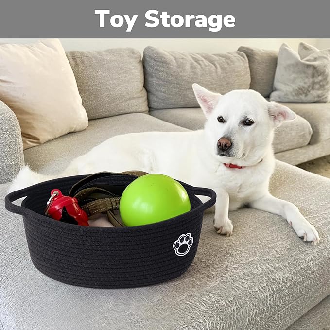 Dog Toy Basket, Black Woven Baskets for Cats Toys Organizer, Baby Gift Basket for Nursery Bedroom, Cute Pet Toy Box with Handles