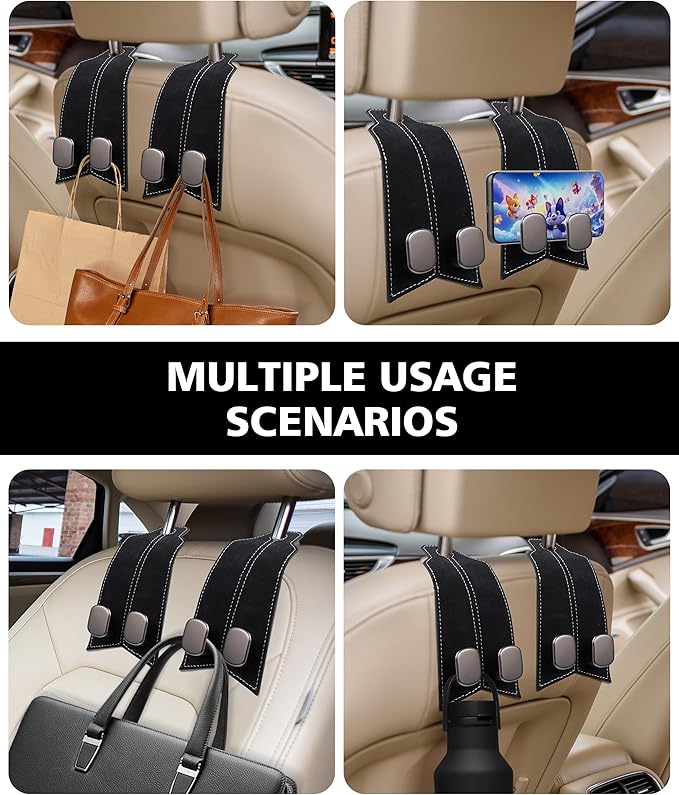 Purse Hook for Car, Car Hooks for Headrest Car Seat Hooks Purse Hanger for Car 100% Metal & Premium Leather 2025 Latest Car Organization Accessories for Bags, Purses, Phones etc (Black 2Pcs)
