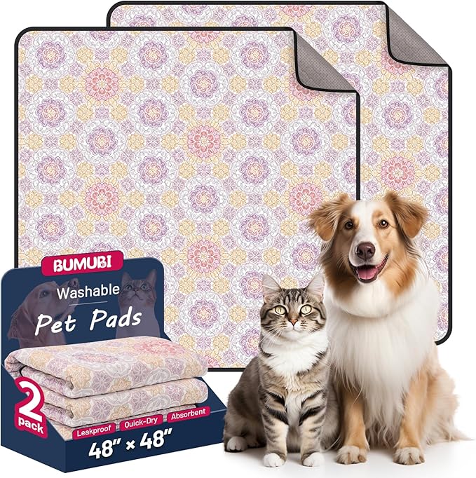 Washable Dog Pee Pads, 48"x48" Reusable Absorbent Dog Pads, Washable, Waterproof & Non-Slip Puppy Pads for Potty Training, Crate, Playpen, Whelping, Mandala Floral Pattern (Pack of 2)